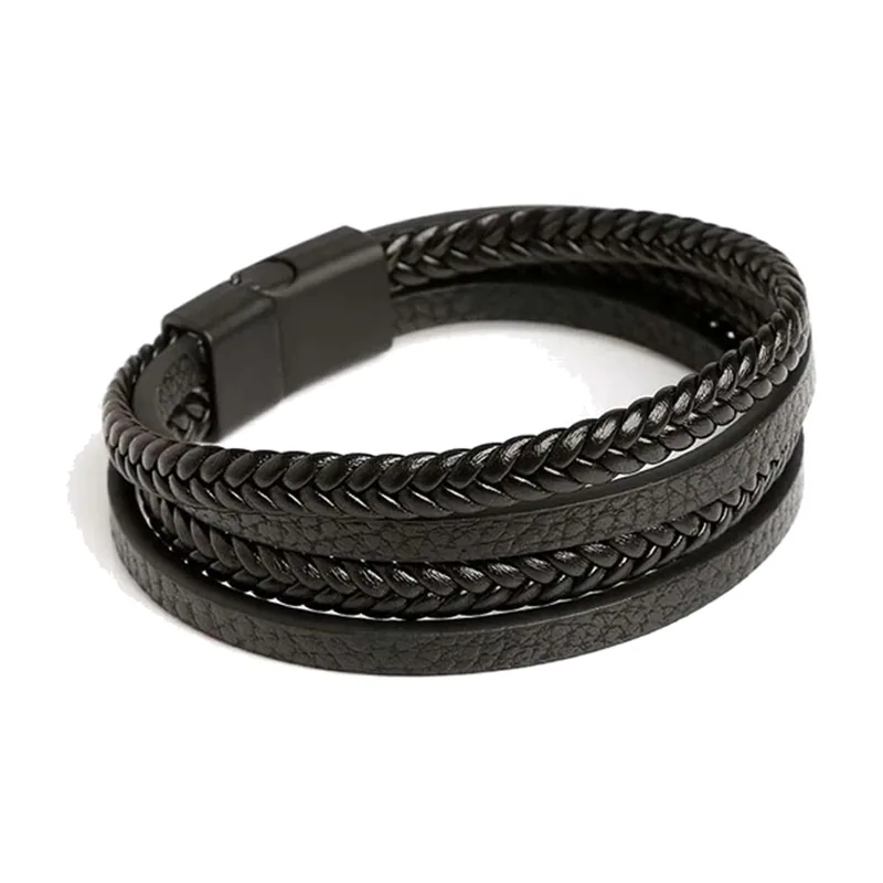 Multi-Layer Braided Leather Bracelet with Stainless Steel Clasp