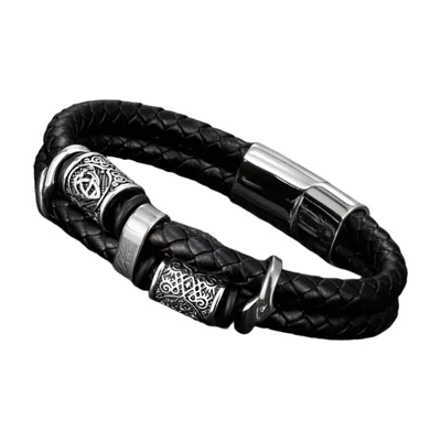 Braided Leather Viking Bracelet with Nordic Runes, Stainless Steel