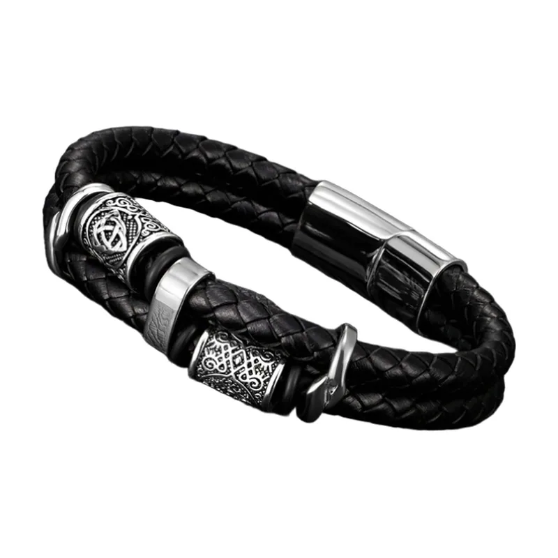 Geflochtenes Lederarmband Wikinger-Stil mit Nordischen Runen, Edelstahl