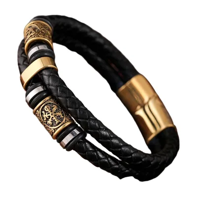 Braided Leather Viking Bracelet with Norse Runes, Stainless Steel