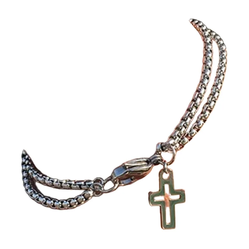 Bracelet à Double Chaîne avec Pendentif Croix, Acier Inoxydable