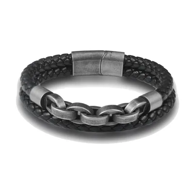 Viking Braided Leather Bracelet with Stainless Steel Chain Link