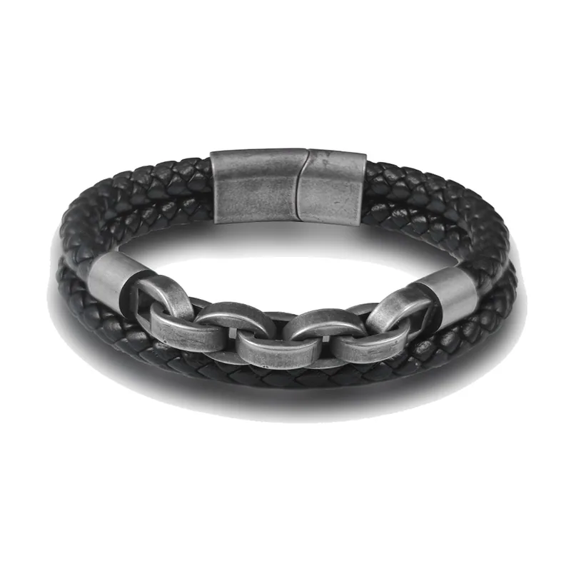 Wikinger Lederarmband geflochten mit Edelstahl-Kettenglied