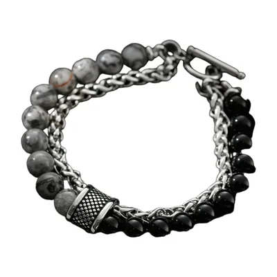 Bracciale a Doppio Strato con Perle e Catena, Acciaio Inossidabile