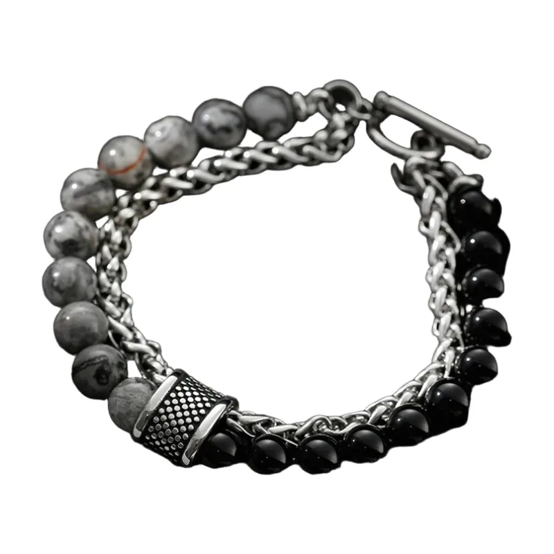Double-Layer Beaded and Curb Chain Bracelet, Stainless Steel