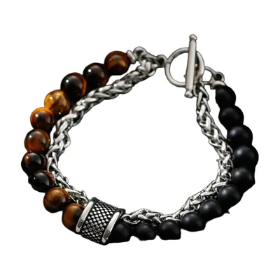Bracciale a perle con Occhio di Tigre e pietra nera, Acciaio Inossidabile