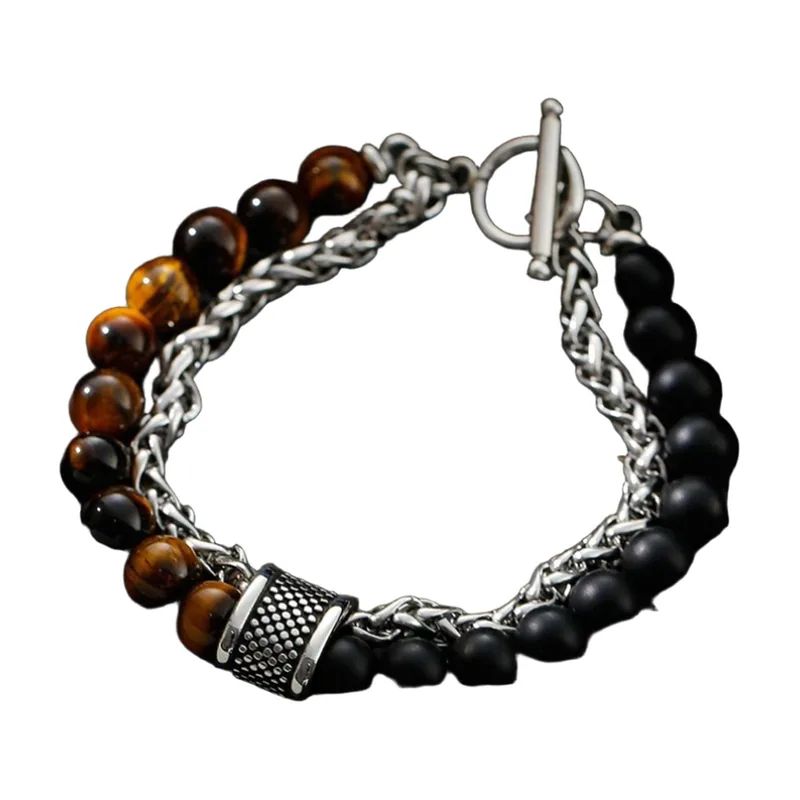 Bracciale a perle con Occhio di Tigre e pietra nera, Acciaio Inossidabile