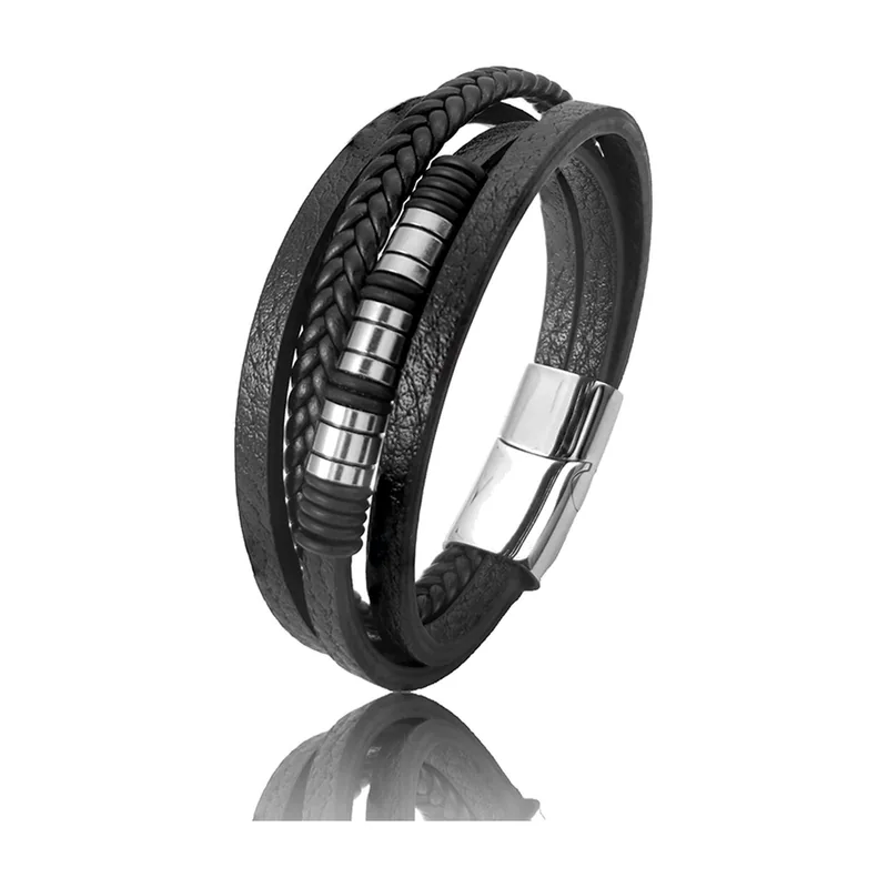 Braided Multi-Layer Leather Bracelet, 316L Stainless Steel