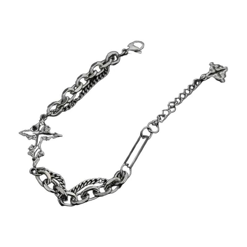 Cross Charm Mixed Link Chain Bracelet, Stainless Steel