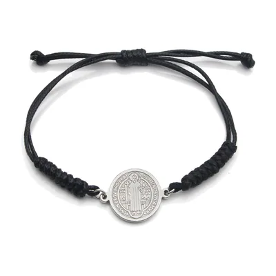 Saint Benedict Medal Bracelet with Black Cord, Stainless Steel