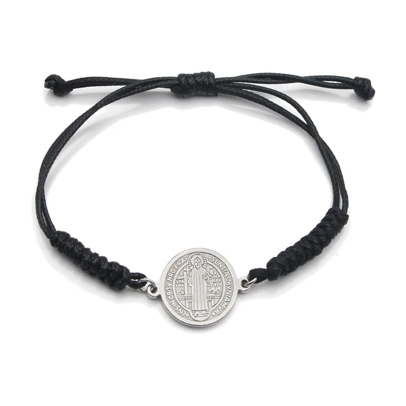 Bracelet Médaille Saint Benoît avec Cordon Noir, Acier Inoxydable