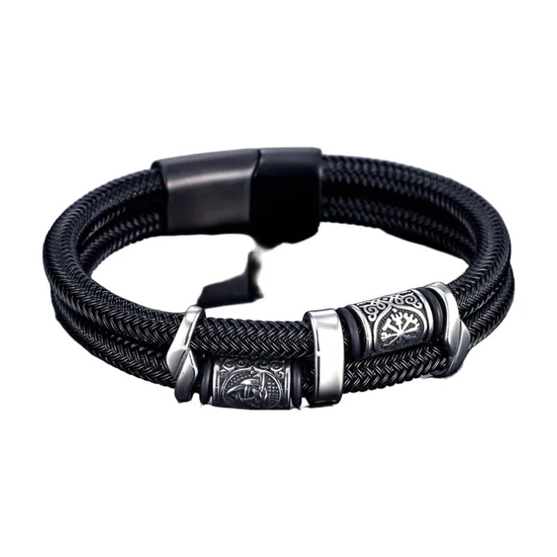 Pulsera Vikinga de doble capa con Runas e Yggdrasil, Acero Inoxidable