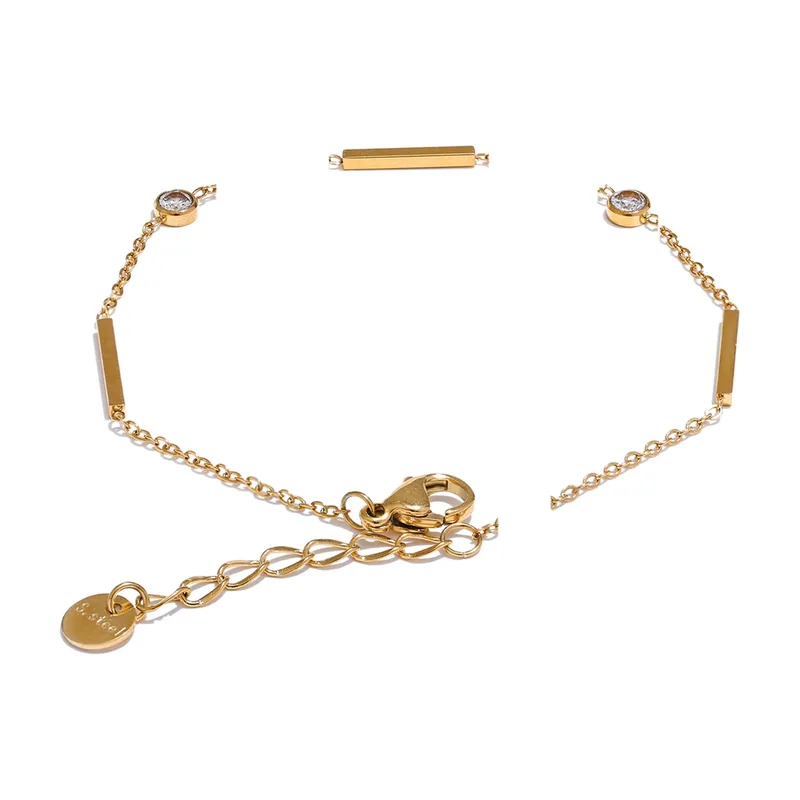 Chain Bracelet with Cubic Zirconia and Rectangular Bars, Stainless Steel