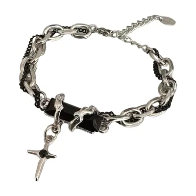 Chain Bracelet with Cross Charm and Black Stones, Stainless Steel