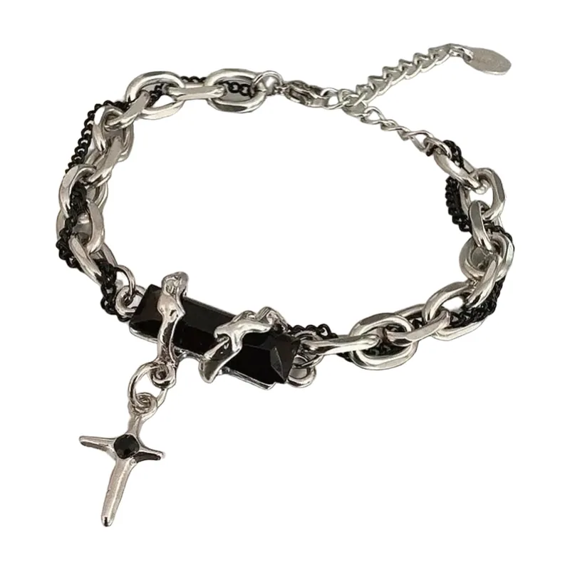 Pulsera de Cadena con Cruz y Piedras Negras, Acero Inoxidable