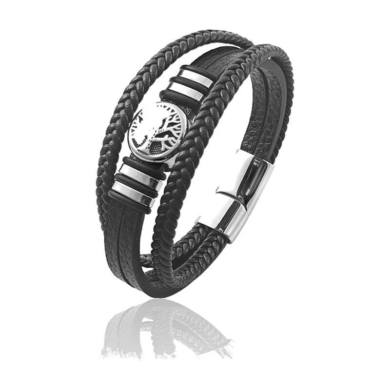 Lebensbaum Armband aus geflochtenem Leder, 316L Edelstahl