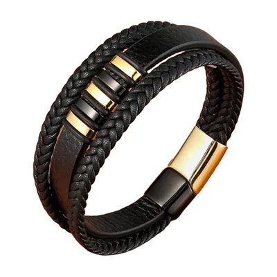 Bracciale in pelle intrecciata multistrato con dettagli in acciaio inox