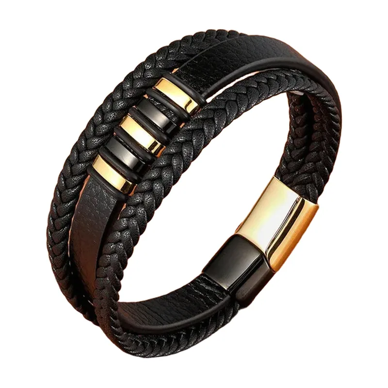 Mehrlagiges geflochtenes Lederarmband mit Edelstahl-Elementen