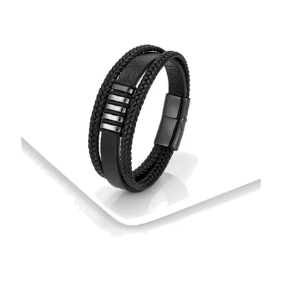 Bracciale in pelle intrecciata multistrato con dettagli in acciaio 316L