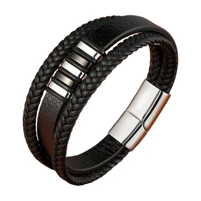 Bracciale in pelle intrecciata multistrato, Acciaio Inox 316L