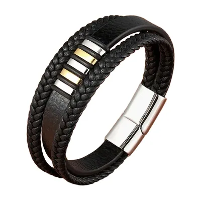 Bracciale in pelle intrecciata multistrato, acciaio 316L