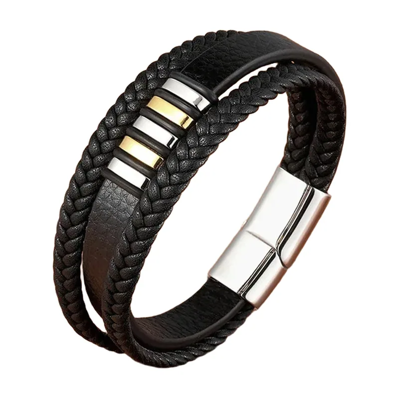 Multi-Layer Braided Leather Bracelet, 316L Stainless Steel