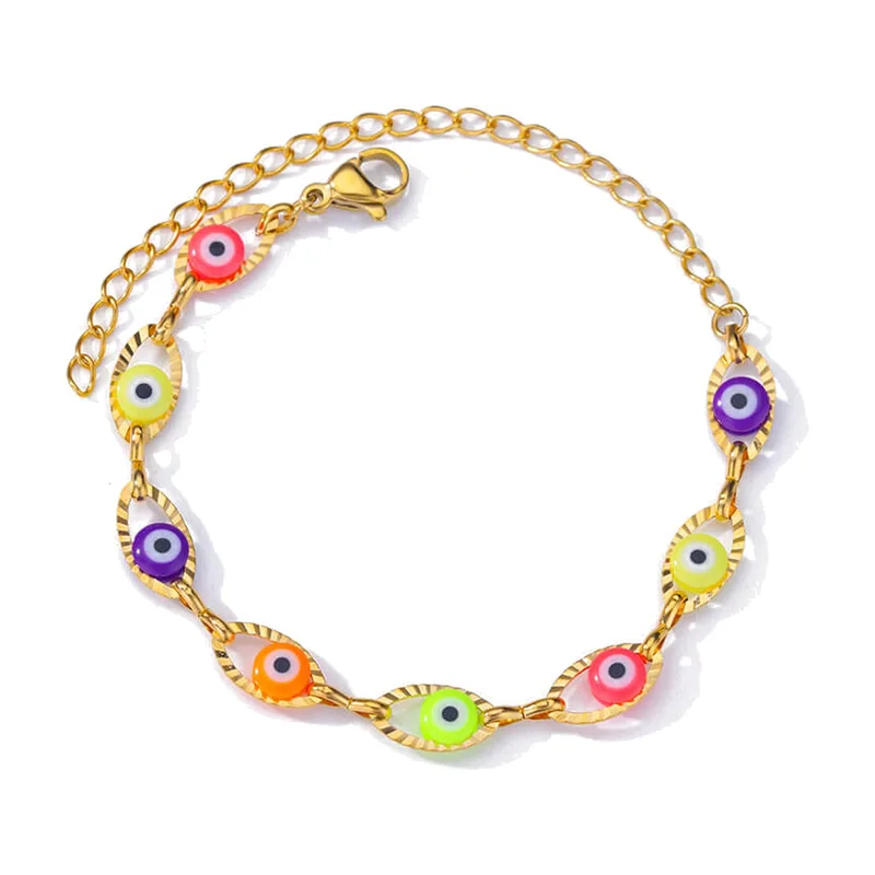 Evil Eye Bead Bracelet with Multicoloured Stones, Stainless Steel