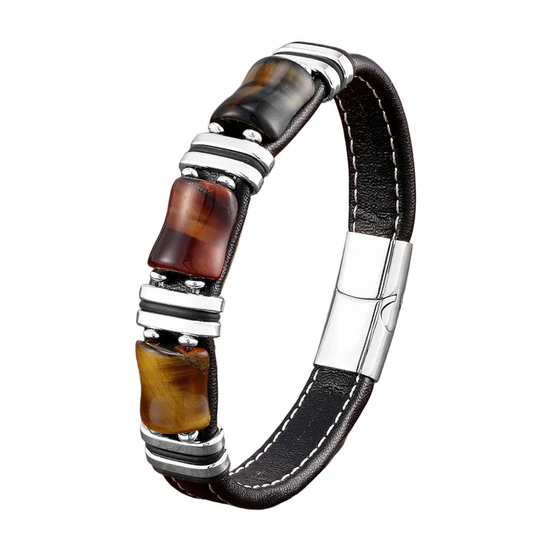 Tigerauge Perlenarmband mit Lederband, Edelstahl 316L