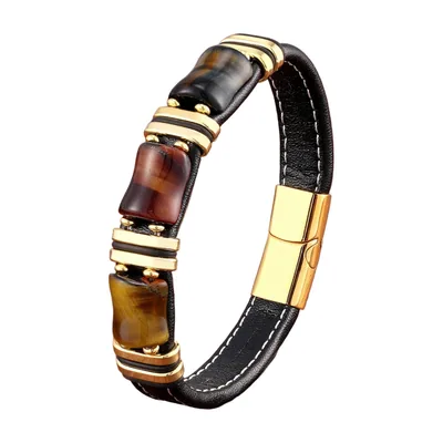 Bracciale in pelle e occhio di tigre, acciaio inossidabile 316L