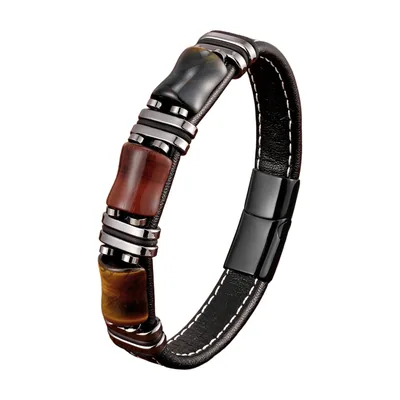 Tigerauge Armband aus Leder und Edelstahl 316L – Schwarz