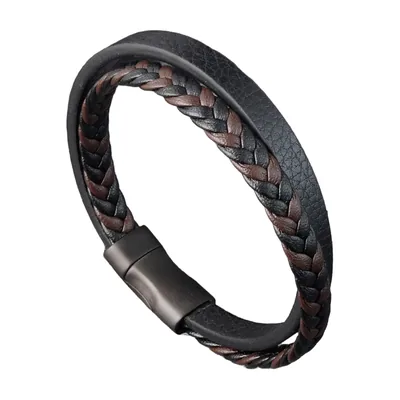 Bracciale in pelle intrecciata a doppio strato, Acciaio Inox 316L