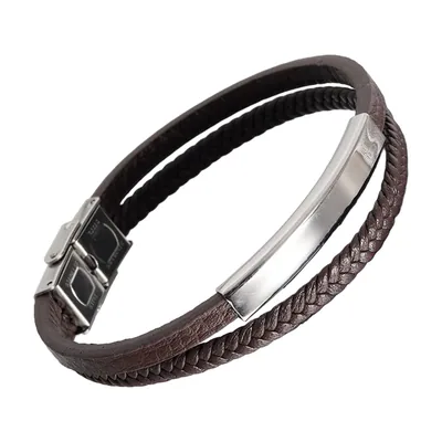 Bracciale in pelle intrecciata a doppio strato con dettaglio in acciaio