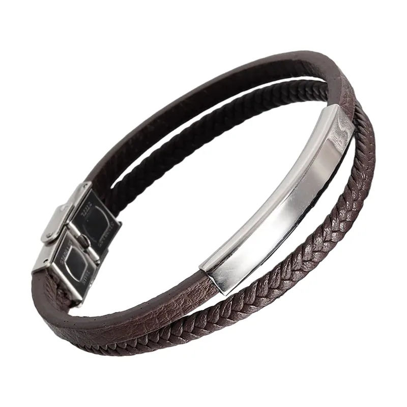 Bracelet en cuir tressé double couche avec détail en acier inoxydable