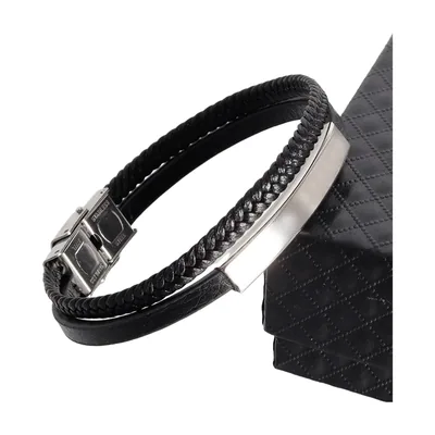 Bracciale in pelle intrecciata a doppio strato con piastra in acciaio inox