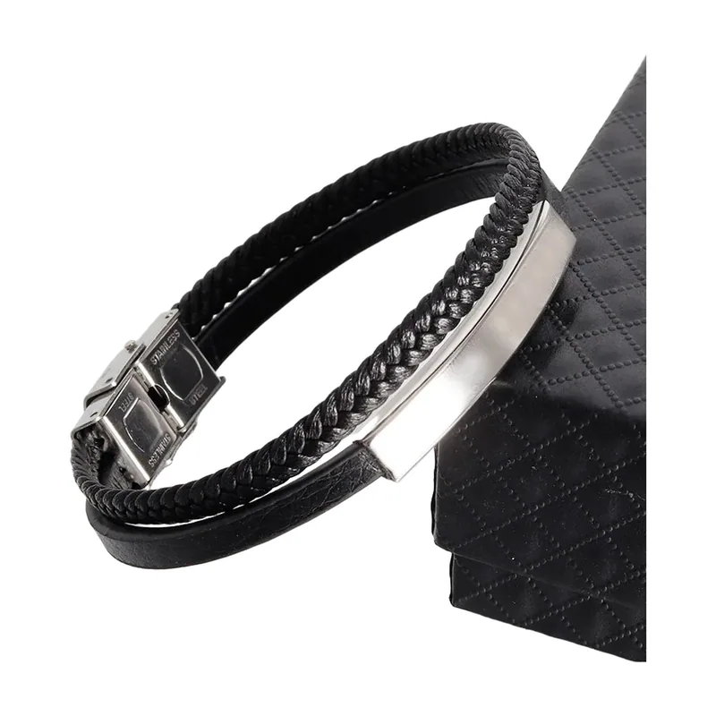 Double Layer Braided Leather Bracelet with Stainless Steel Plate