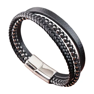 Braided Leather Bracelet with Magnetic Clasp, Stainless Steel