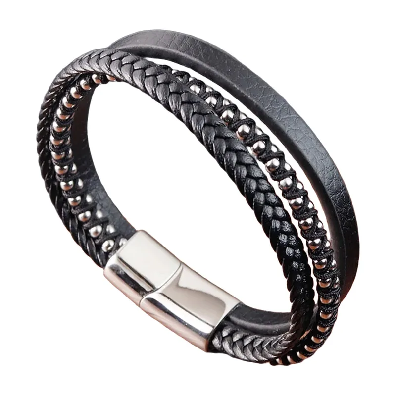 Braided Leather Bracelet with Magnetic Clasp, Stainless Steel