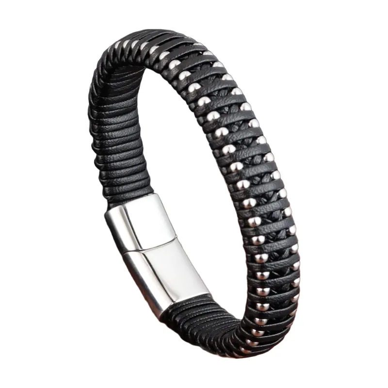 Braided Leather Bracelet with Stainless Steel Beads