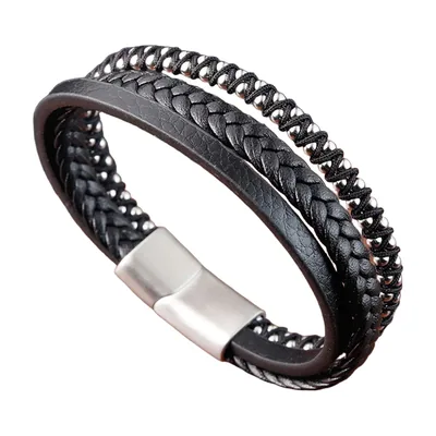Braided Leather Multi-Strand Bracelet, 316L Stainless Steel