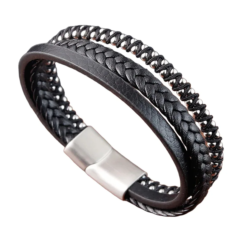 Braided Leather Multi-Strand Bracelet, 316L Stainless Steel