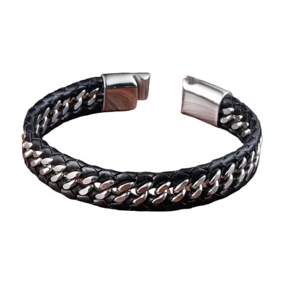 Braided Leather Bracelet with Stainless Steel Curb Chain