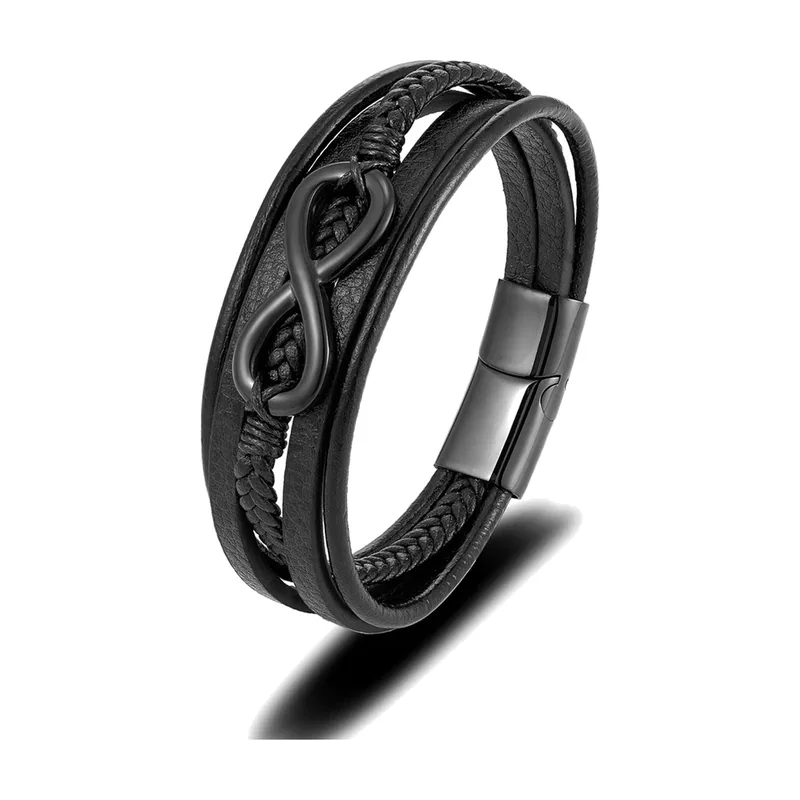Braided Leather Wrap Bracelet with Infinity Symbol, Stainless Steel