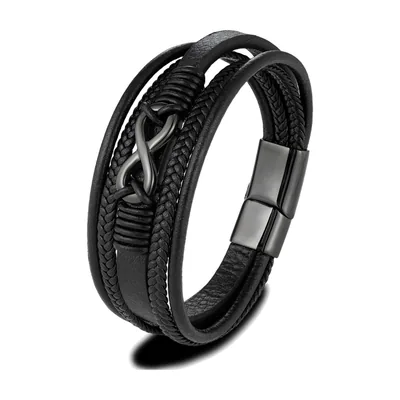 Bracciale in pelle intrecciata con simbolo dell'infinito, acciaio inossidabile