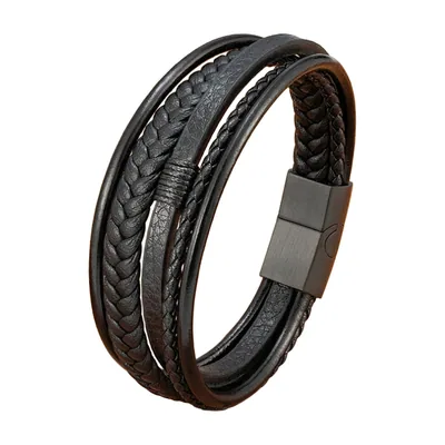 Multi-Layer Braided Leather Bracelet with Magnetic Clasp, Stainless Steel