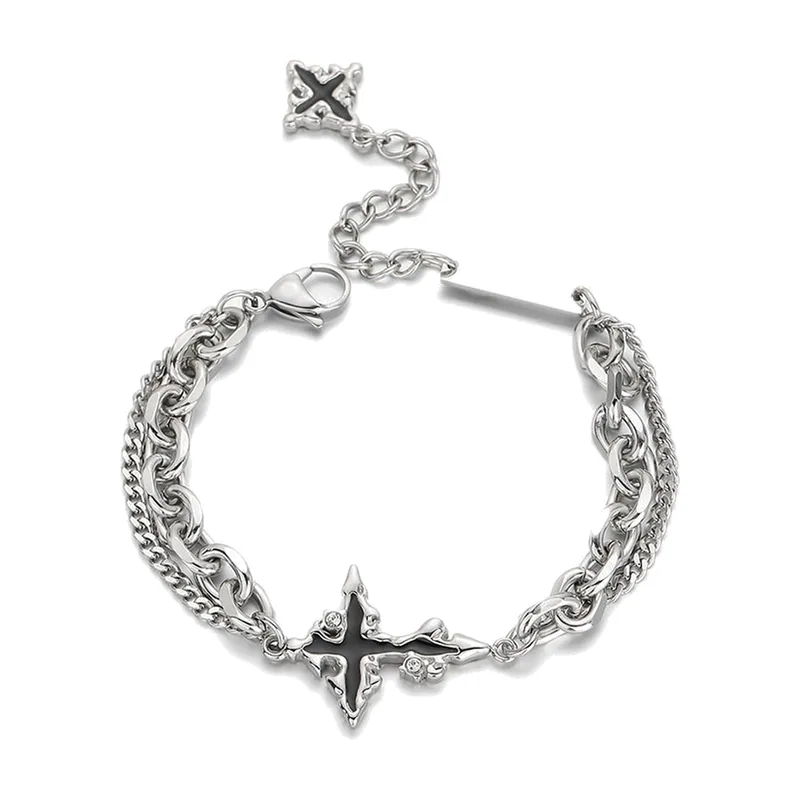 Gothic Flame Cross Multi-Layer Chain Bracelet, Stainless Steel