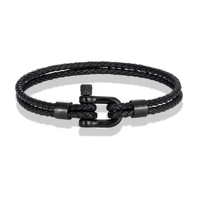 Bracciale in pelle intrecciata con chiusura a maniglia, acciaio inossidabile