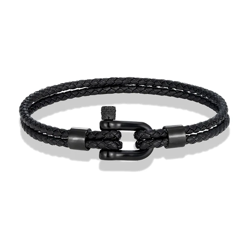 Braided Leather Bracelet with Shackle Clasp, Stainless Steel