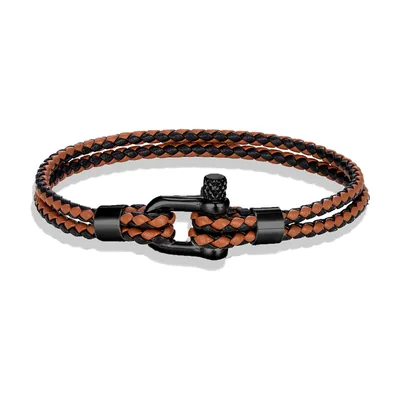 Double Layer Braided Leather Bracelet with Shackle Clasp, Stainless Steel