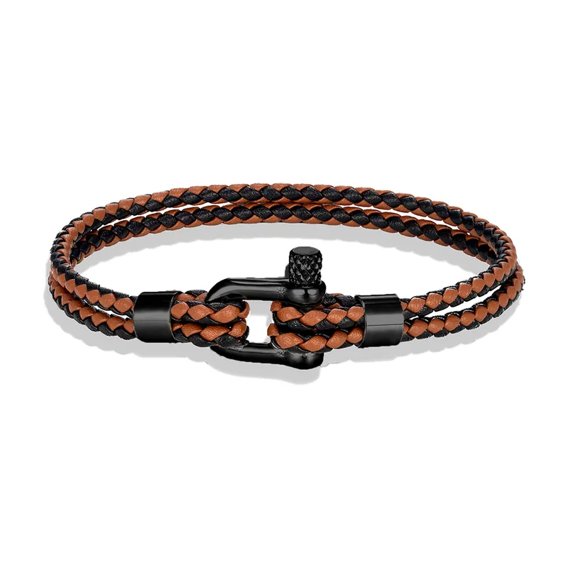 Double Layer Braided Leather Bracelet with Shackle Clasp, Stainless Steel
