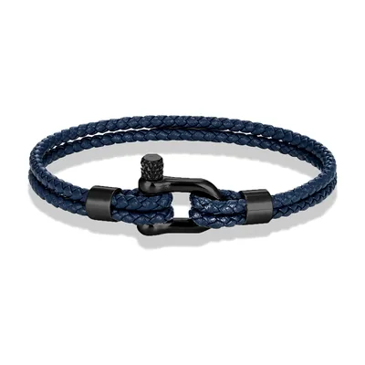 Braided Leather Bracelet with Shackle Clasp, Stainless Steel